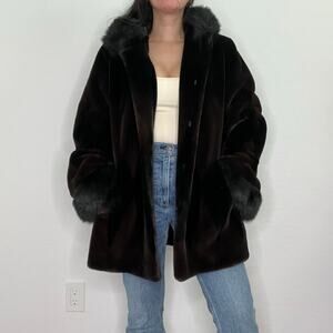Nuage Dark Brown Black Faux‎ Fur Hooded Coat w/ Trim Diamond Pattern Y2K